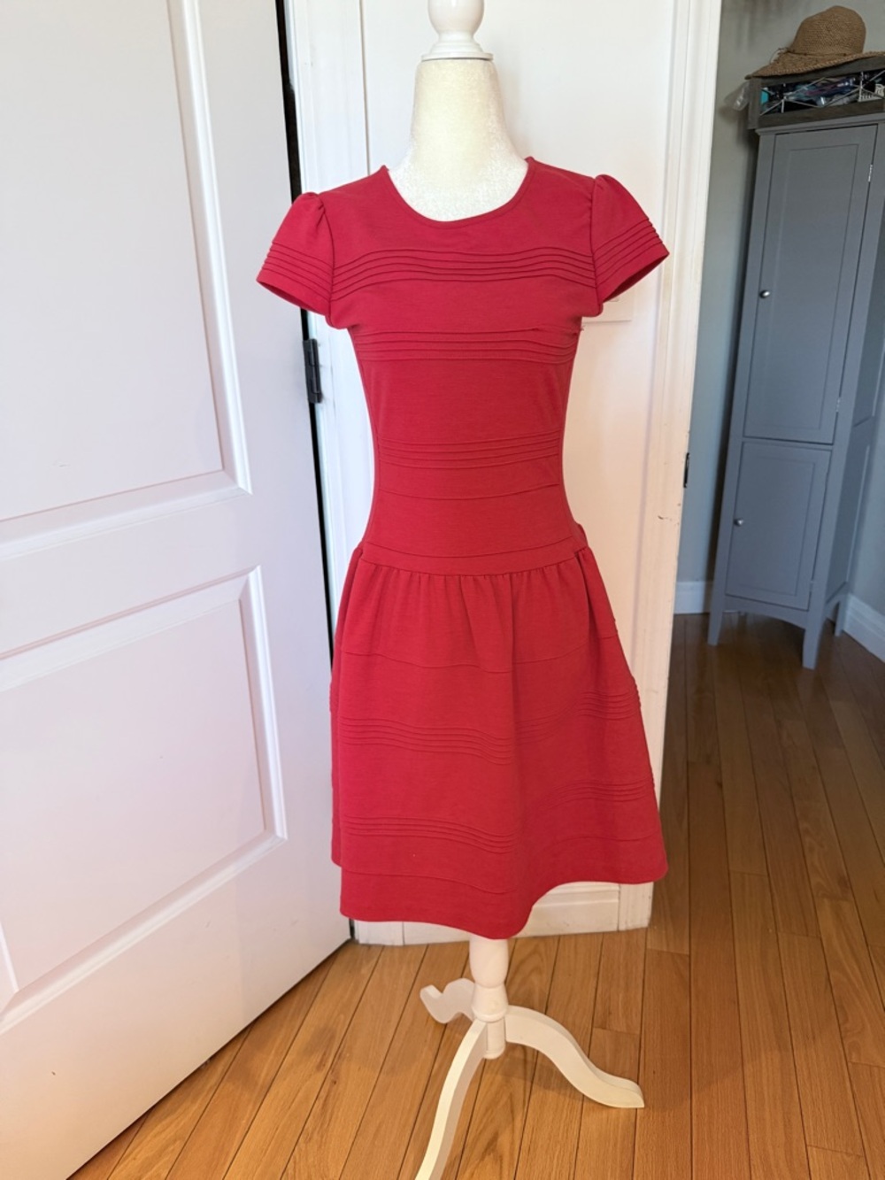Red Short-Sleeve Fit-and-Flare Dress